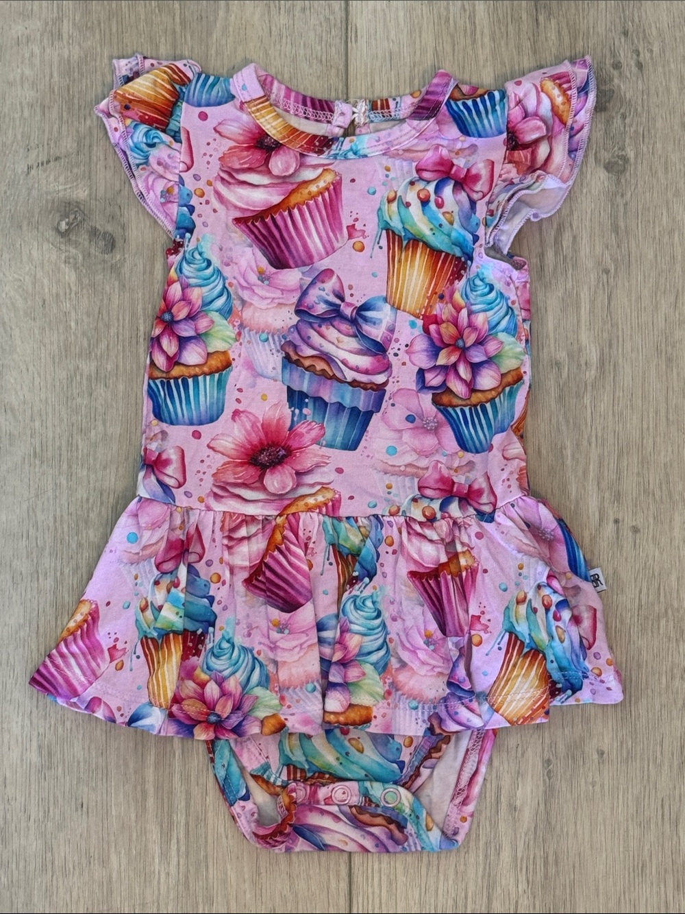 Pink Birthday Cupcake Print Flutter Romper Bodysuit Dress for Girls